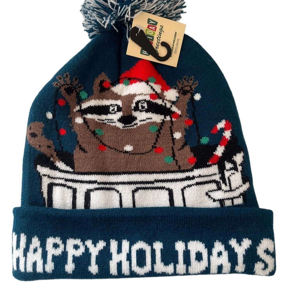 Books-A-Million Happy Holidays raccoon trash can winter beanie acrylic - Picture 2 of 9